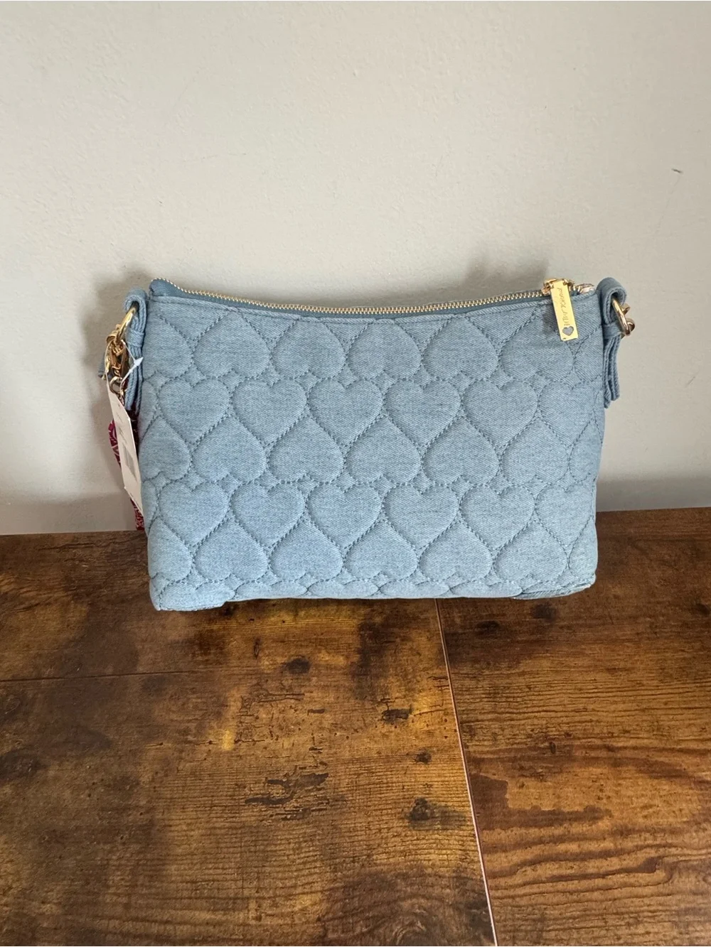 Betsey  Johnson Quilted Heart Crossbody Bag in Light  Blue Denim